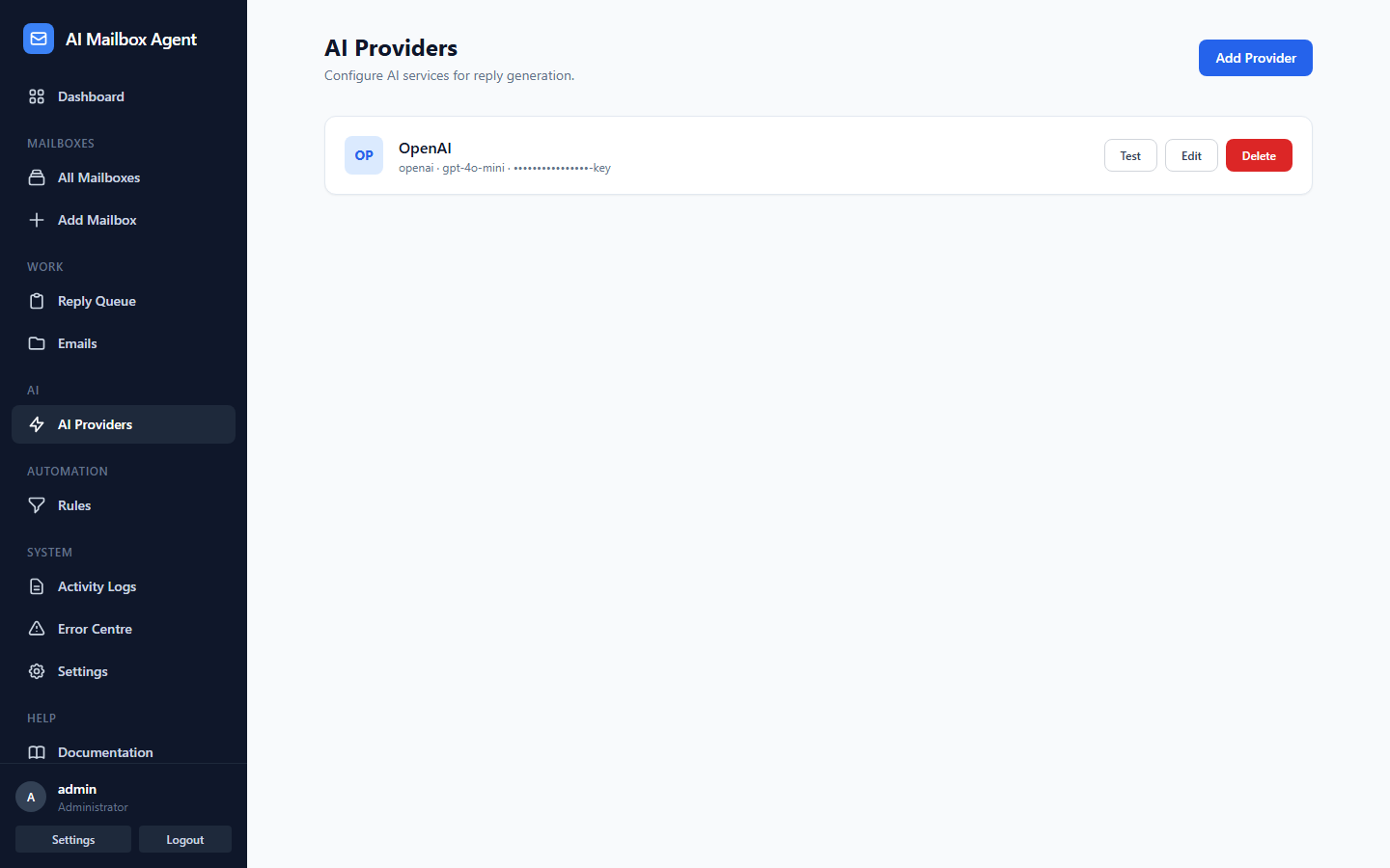 AI provider configuration screen